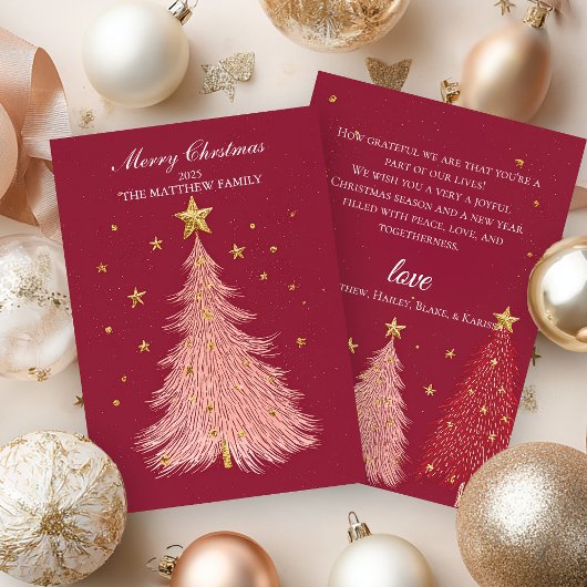 Mousserende Roze Boom Gouden Kerst Kaart