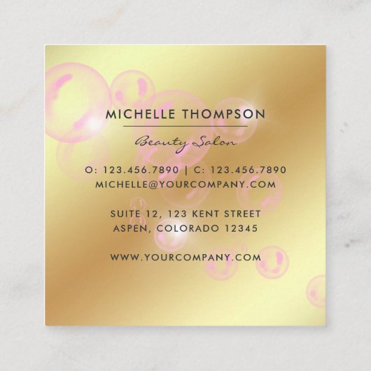 Mousserende roze en goudzeep Bubble Beauty Salon Vierkante Visitekaartje (Achterkant)