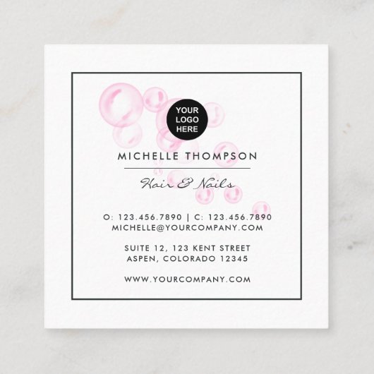 Mousserende roze zeep Bubble Beauty Salon Vierkante Visitekaartje (Achterkant)