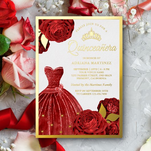 Mousserende rozen Quinceanera Gold Folie Uitnodiging