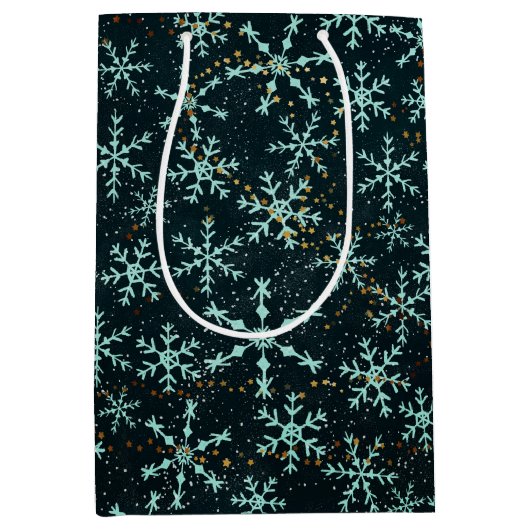 Mousserende Snowflakes White Blue in Black Night S Medium Cadeauzakje (Voorkant)