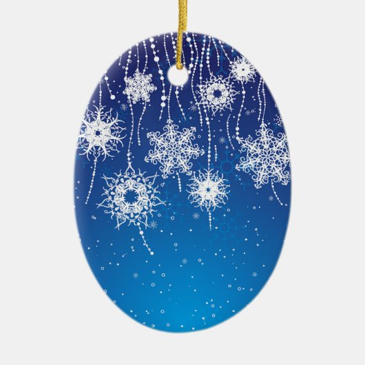Mousserende snuitvlokken op blauw keramisch ornament (Voorkant)