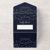 Mousserende String Lights Elegant Navy Blue Weddin All In One Uitnodiging (Buitenkant)