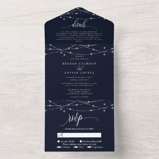 Mousserende String Lights Elegant Navy Blue Weddin All In One Uitnodiging (Binnen)