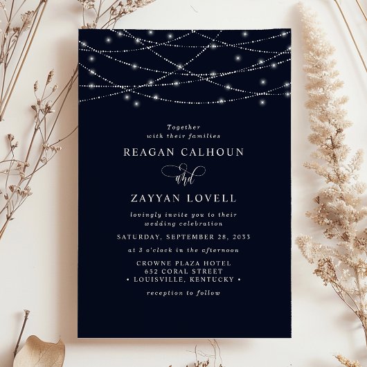 Mousserende String Lights Elegant Navy Blue Weddin Kaart