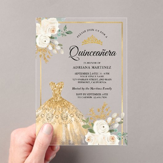 Mousserende toga Ivoor Bloemen Goud Quinceanera Acryl Uitnodigingen (Insitu (Draagbaar))