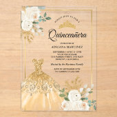 Mousserende toga Ivoor Bloemen Goud Quinceanera Acryl Uitnodigingen (Voorkant)