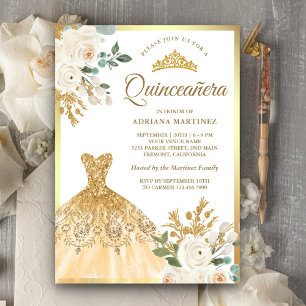Mousserende toga Ivoor Bloemen Goud Quinceanera Kaart