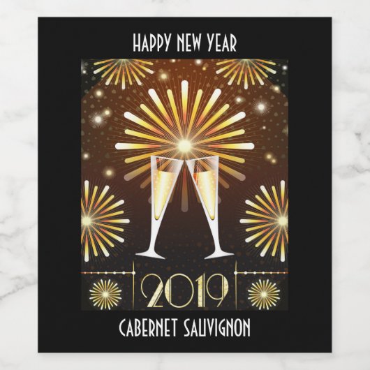 Mousserende wijn en vuurwerk Nieuwjaar 2019 Wijn Etiket (Enkel label)