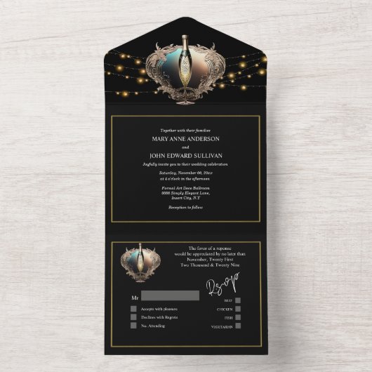 Mousserende wijn string lichten vernieuwing geloft all in one uitnodiging (Binnen)