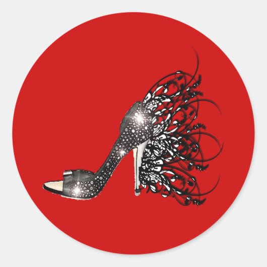 Mousserende zwarte Stiletto op rood Ronde Sticker (Voorkant)