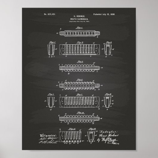 Mouth Harmonica 1900 Patent Art Chalkboard Poster (Voorkant)