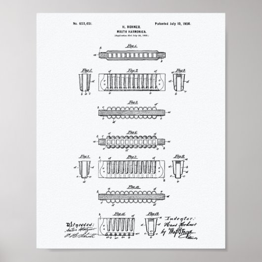 Mouth Harmonica 1900 Patent Art White Paper Poster (Voorkant)