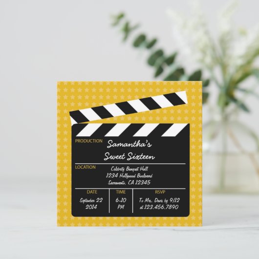 Movie Clapboard Sweet Sixteen Birthday Uitnodiging (Staand voorkant)