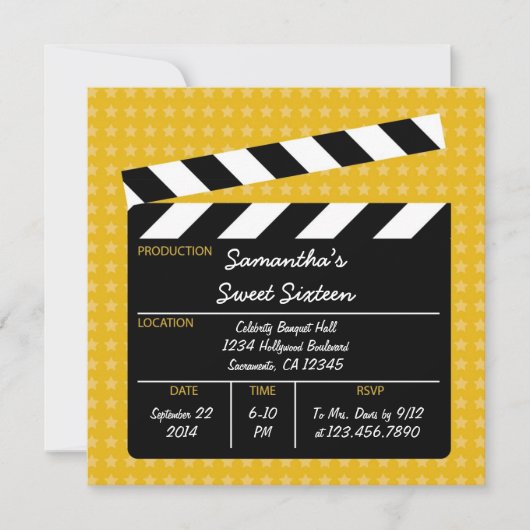 Movie Clapboard Sweet Sixteen Birthday Uitnodiging (Voorkant)