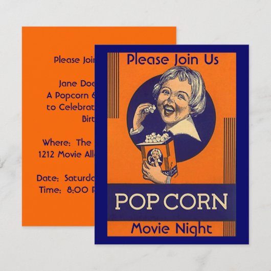 MOVIE EN POPCORN PARTIJ INVITATIE THEATER THEATER  KAART (Voorkant / Achterkant)
