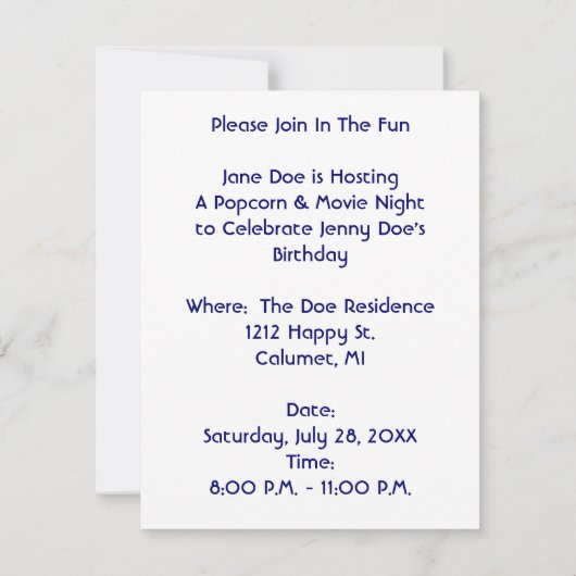 MOVIE EN POPCORN PARTIJ INVITATIE THEATER THEATER  KAART (Achterkant)