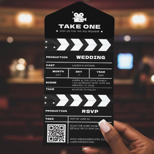 Movie Film Clapboard QR Code Wedding All In One Uitnodiging