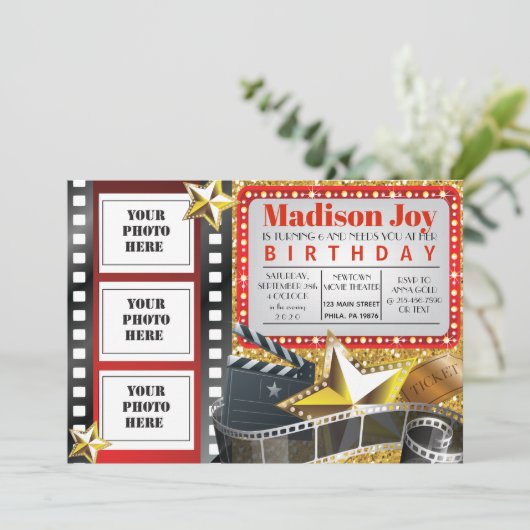 MOVIE HOLLYWOOD FOTO Birthday Party Invitation Kaart (Staand voorkant)