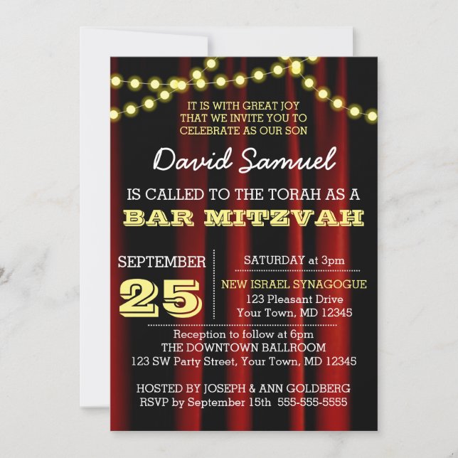 Movie Lights Gele Bar Mitzvah Uitnodiging (Voorkant)