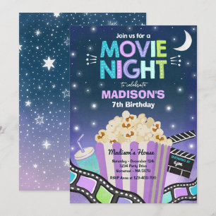 Movie Night Birthday Party Movie Sleepover Popcorn Kaart