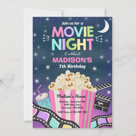 Movie Night Birthday Party Movie Sleepover Popcorn Kaart (Voorkant)