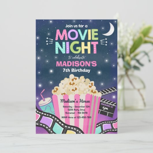 Movie Night Birthday Party Movie Sleepover Popcorn Kaart (Staand voorkant)