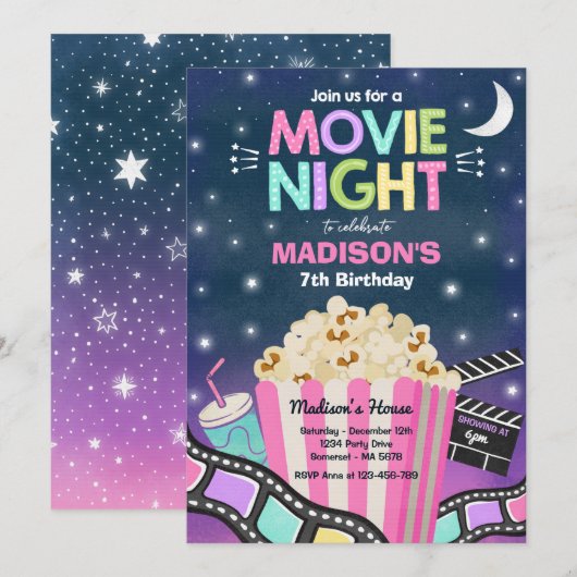 Movie Night Birthday Party Movie Sleepover Popcorn Kaart (Voorkant / Achterkant)