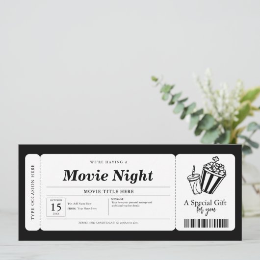 Movie Night Gift Coupon Ticket Kaart (Staand voorkant)