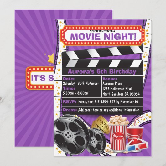 Movie Night Hollywood Clapper Verjaardag Uitnodigi Kaart (Voorkant / Achterkant)