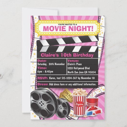 Movie Night Hollywood Clapper Verjaardag Uitnodigi Kaart (Voorkant)