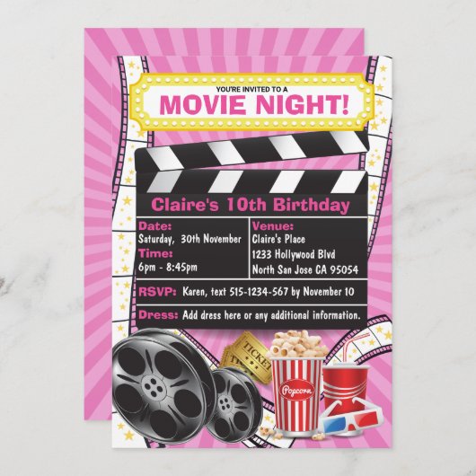 Movie Night Hollywood Clapper Verjaardag Uitnodigi Kaart (Voorkant / Achterkant)
