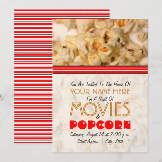 Movie Night Invitation - Popcorn Kaart (Voorkant / Achterkant)