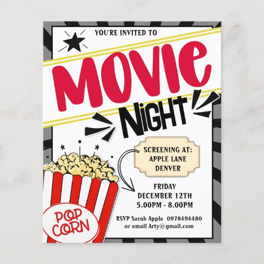 Movie Night Invite Bewerkbare Film Party popcorn Flyer (Voorkant)