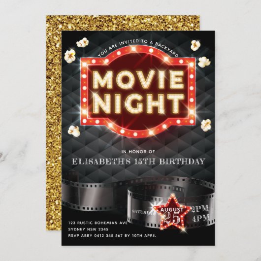 Movie Night Luxury Gold Glitter Kaart (Voorkant / Achterkant)