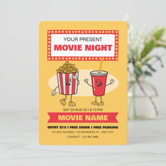 Movie Night Party Uitnodiging, Slaap Over Feest Kaart (Staand voorkant)