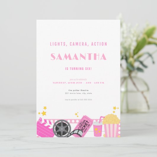 Movie Night Pink Movie Theater Uitnodiging voor ve (Staand voorkant)