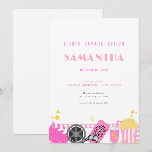 Movie Night Pink Movie Theater Uitnodiging voor ve (Voorkant / Achterkant)