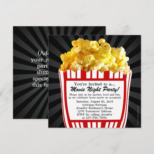 Movie Night Popcorn Custom Party Invitations, Sq. Kaart (Voorkant / Achterkant)