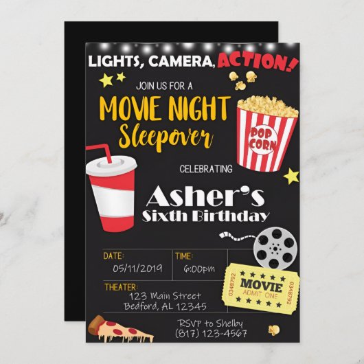 Movie Night Verjaardag Uitnodiging | Filmfeest (Voorkant / Achterkant)