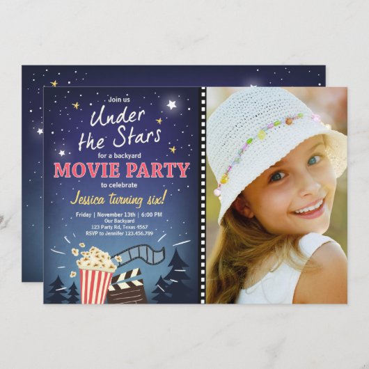 Movie Night Verjaardag Uitnodiging Onder de Sterre (Voorkant / Achterkant)