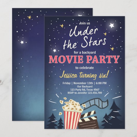 Movie Night Verjaardag Uitnodiging Onder de Sterre (Voorkant / Achterkant)
