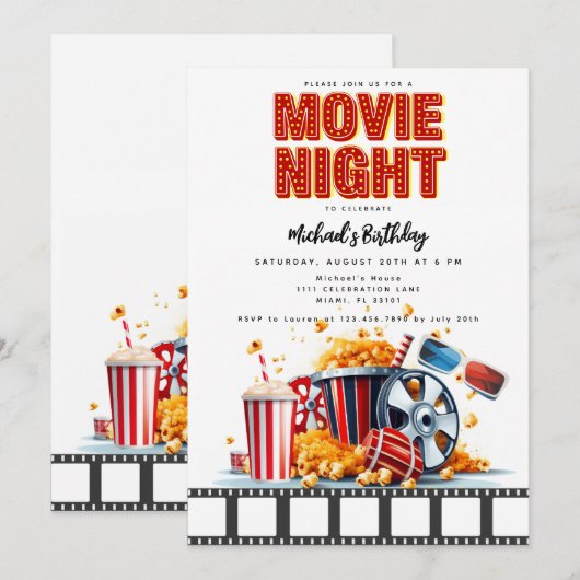 Movie Night Verjaardagsfeestje Film Party Uitnodig Kaart (Voorkant / Achterkant)