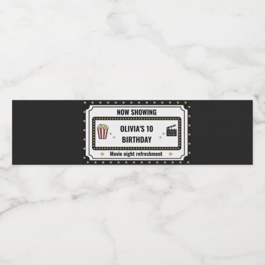 Movie Night W | Now Showing Birthday Party Waterfles Etiket (Enkel label)