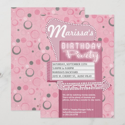 Movie Party Invitation Retro Drive in Marquee Kaart (Voorkant / Achterkant)