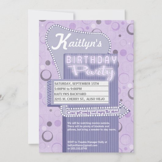 Movie Party Invitation Retro Drive in Marquee Kaart (Voorkant)