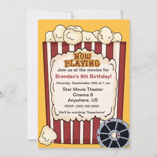 Movie Popcorn Kids Birthday Invitation Kaart (Voorkant)
