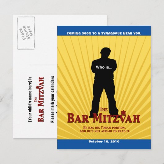 Movie Star Bar Mitswa Save the Date Geel Blauw Aankondigingskaart (Voorkant / Achterkant)