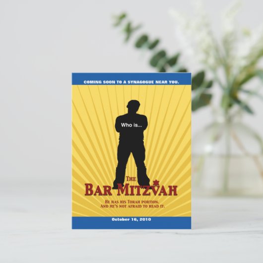 Movie Star Bar Mitswa Save the Date Geel Blauw Aankondigingskaart (Staand voorkant)