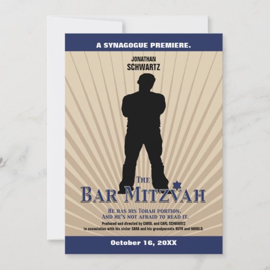 Movie Star Bar Mitzvah Invitation Tan Navy Kaart (Voorkant)